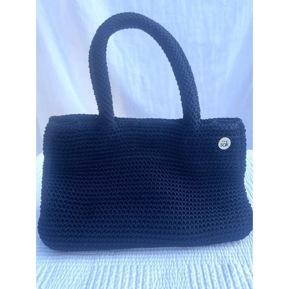 The Sak Navy Blue Crochet Zip Top Shoulder Bag Purse Casual Granny Grandma Core